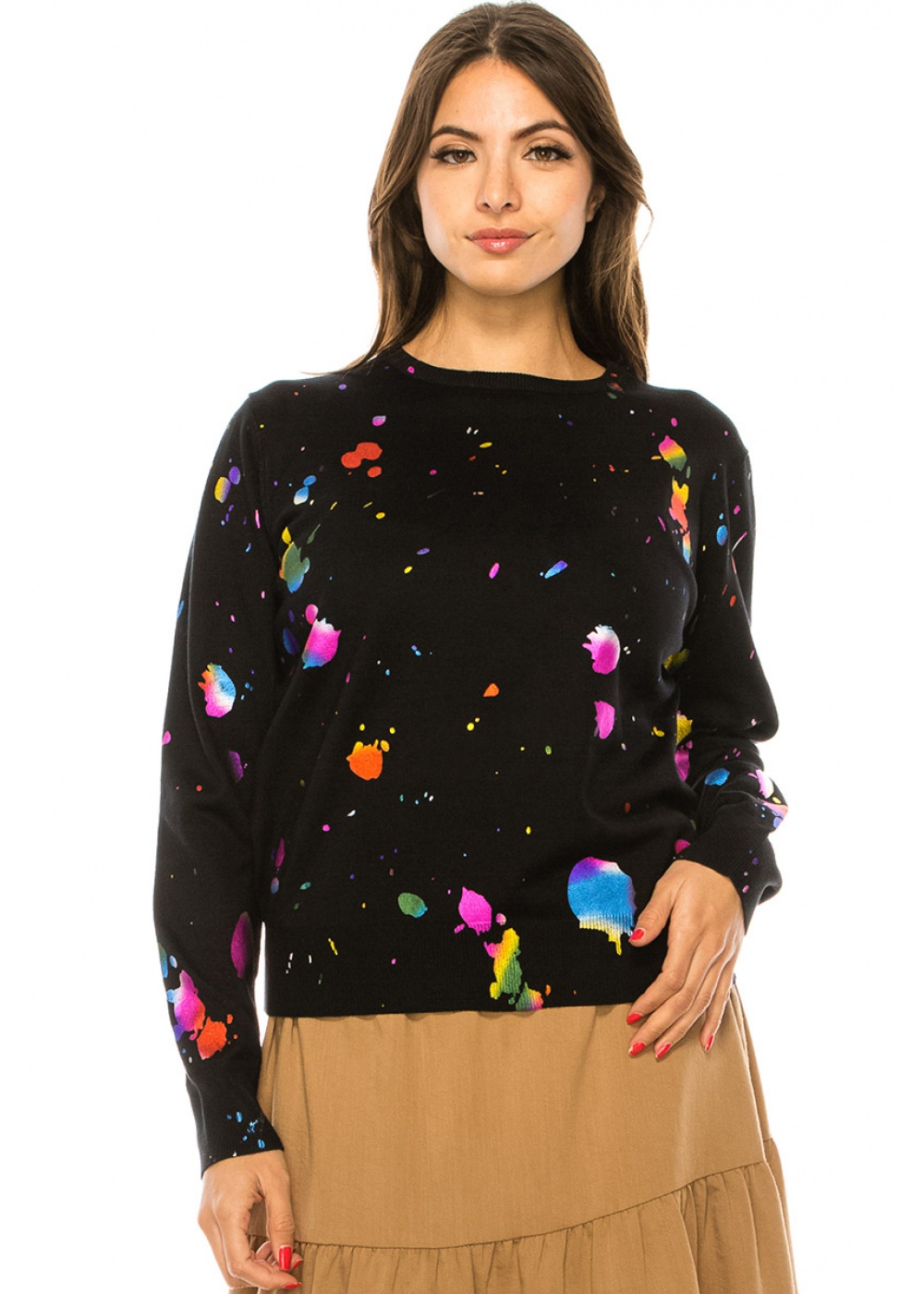 Black Knit Sweater With Multicolored Spots Modest Women Clothing